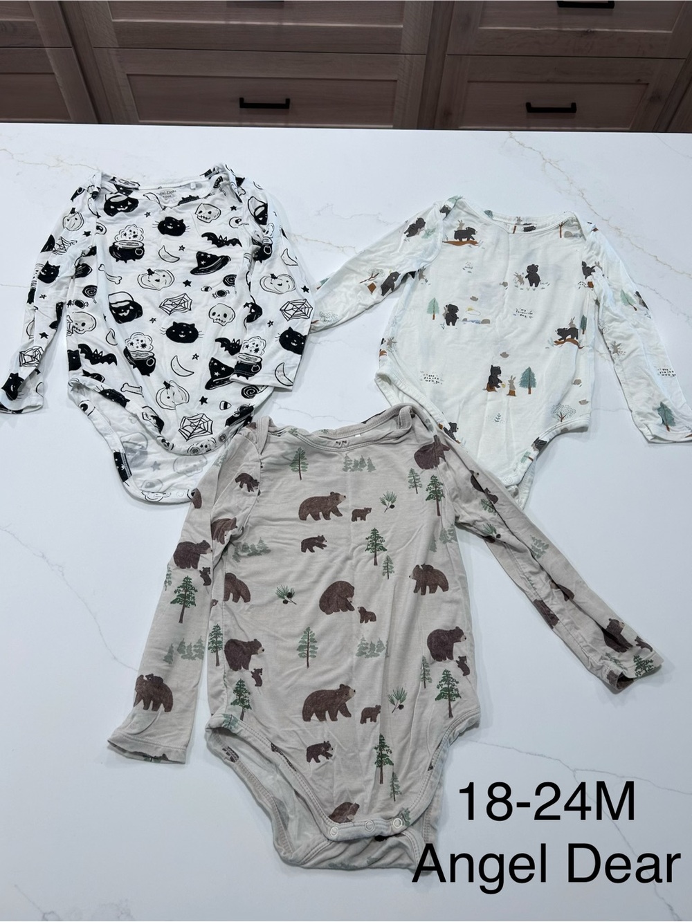 Angel Dear Baby Bodysuit Set - White, Cream, Tan with Black and Brown Prints